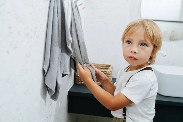 Cute Little Boy Drying His Hands Bathroom Side View Looking — Stock Photo, Image