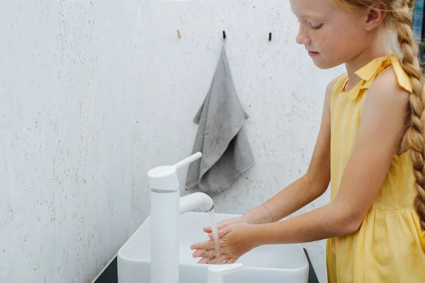 Side View Little Freckled Ginger Girl Washing Her Hands Bathroom — Stock Photo, Image