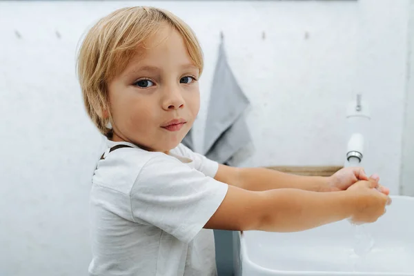 Close View Cute Little Boy Washing His Hands Bathroom Sink — Stock Photo, Image