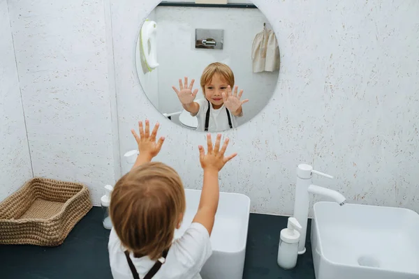 Smiling Little Boy Washing His Hands Bathroom Sink Waving Clean — Stock Photo, Image