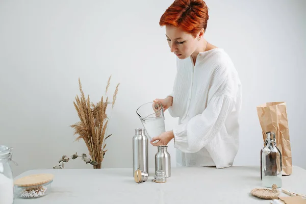 Ginger Short Haired Woman Pouring Water Metal Thermos Jug Middle — Stock Photo, Image