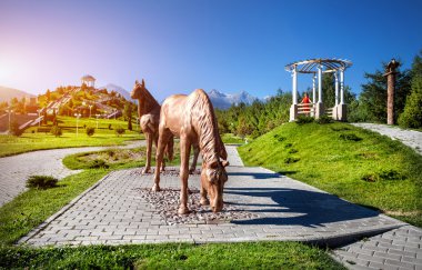Turist kadın parkta atlarla