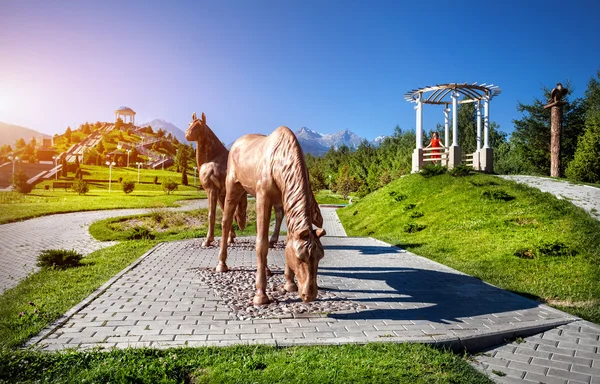 Tourist Woman in Park with horses — Stock Photo, Image