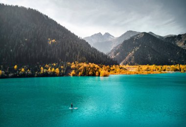 Aerial drone shot of Man floating on a SUP board at mountain lake near yellow forest in autumn time. Adventure at Stand up paddle boarding.   clipart