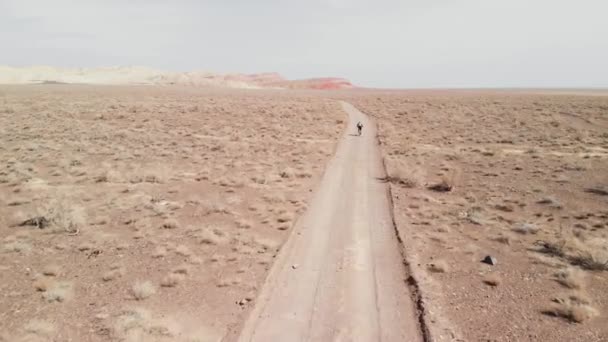 Drone skott av cyklist rida i canyon öken berg i Kazakstan — Stockvideo