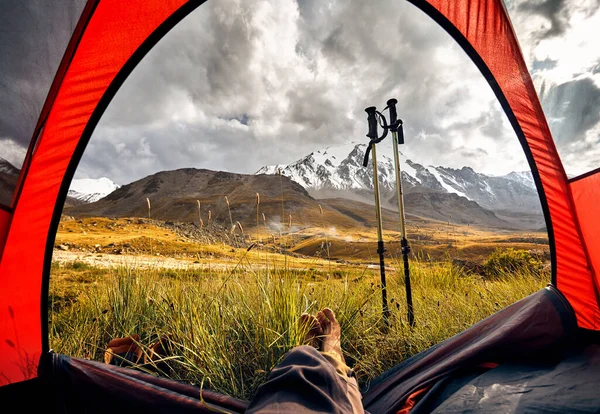 View Tent Hikers Legs Mountains Glacier Trekking Poles Kazakhstan Almaty — Φωτογραφία Αρχείου