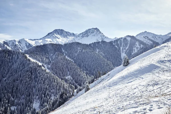 Kazakistan 'da kışın mavi gökyüzüne karla vurulan yüksek dağlardaki güzel manzaralar. 
