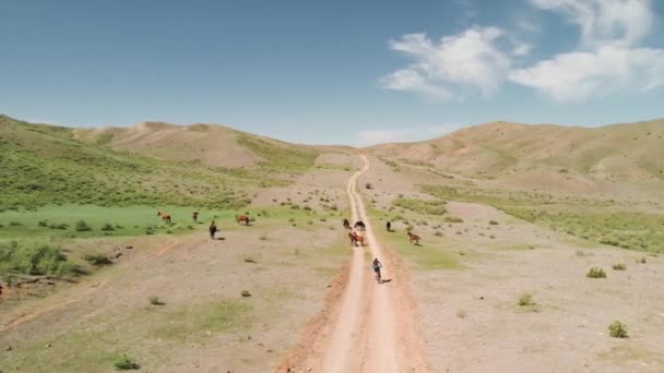 Kazakistan dağlarında bisiklet sürerken drone çekimi — Stok video