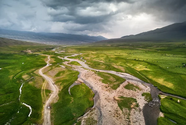 Aerial Panorama Beautiful River Green Assy Mountain Valley Almaty Kazakhstan — Stock Photo, Image