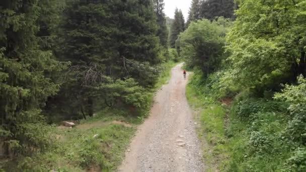 Homem passeio de bicicleta na estrada da montanha tiro aéreo — Vídeo de Stock