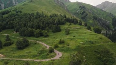 Dağ yolunda bisiklet süren bir adam, havadan çekim yapıyor.