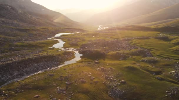 Uitzicht vanuit de lucht op de rivier in het bergdal — Stockvideo