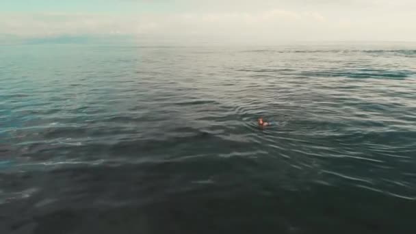 Vista aérea de una joven nadando en el agua de mar turquesa transparente — Vídeo de stock