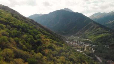 Kazakistan 'daki yeşil orman ve dağların insansız hava aracı görüntüleri.