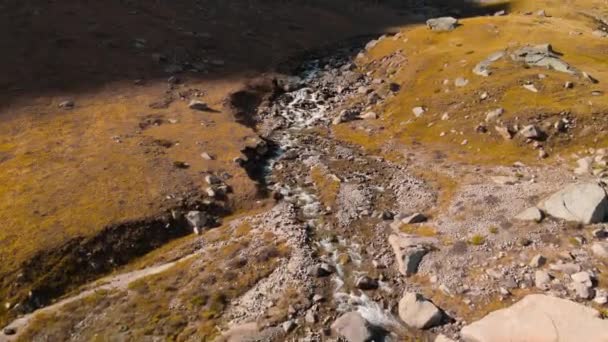 Uitzicht vanuit de lucht op de rivier in het bergdal — Stockvideo