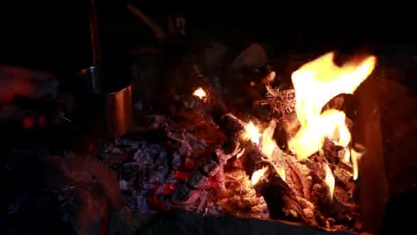 喝杯茶在篝火旁 — 图库视频影像