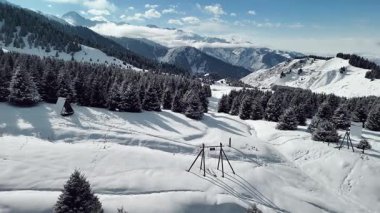 Dağ vadisi manzarasının insansız hava aracı görüntüsü Almaty City, Kazakistan yakınlarındaki bakir beyaz kar ve ladin ağacı ormanlarıyla kaplıydı.