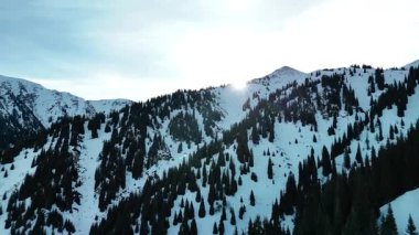 Vadideki Furmanovka Dağı 'nın hava aracı manzarası Almaty City, Kazakistan yakınlarındaki bakir beyaz kar ve ormanla kaplıydı.