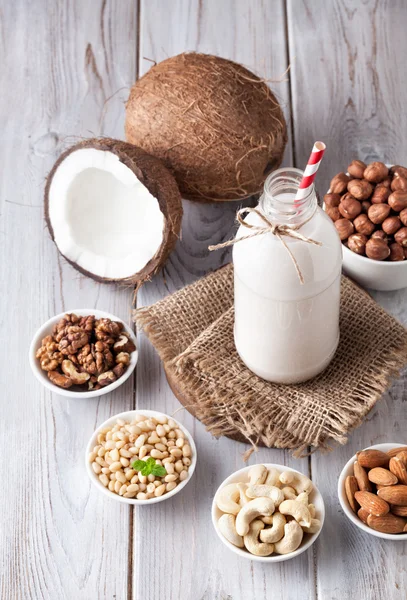 Vegan nut milk in the bottle — Stock Photo, Image