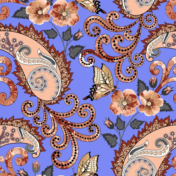 Modello senza cuciture con paisley, farfalle, fiori e vortici su uno sfondo lilla brillante — Foto Stock