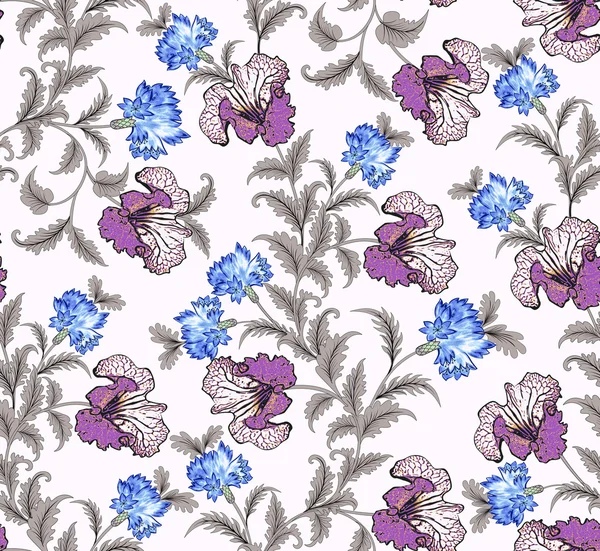 Seamless pattern with white lilac flowers, blue cornflowers — Stock Photo, Image