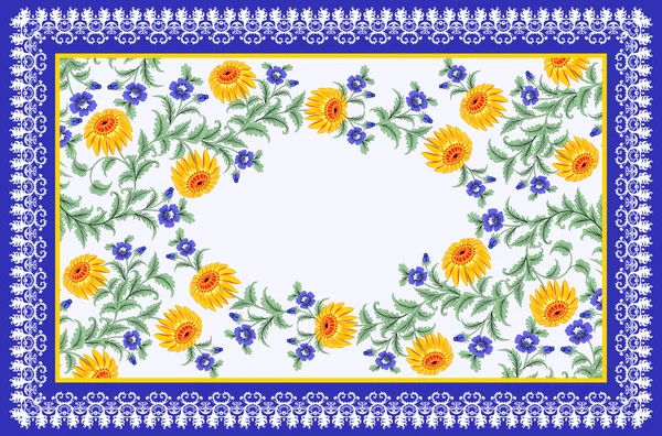 Sarı, mavi çiçekli dikdörtgen çerçeve — Stok Vektör