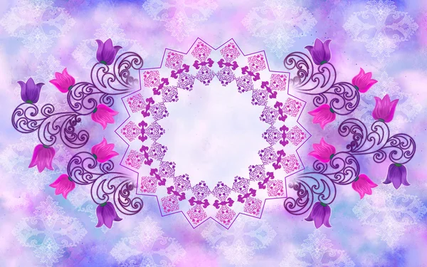 Round decorative frame with pink and purple bells on blurred bac — Stock Photo, Image