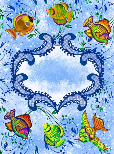 Tropikal balıklar ile mavi Repoussoir çerçeve — Stok fotoğraf