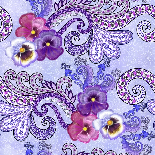 Nahtloses Muster mit Paisley, Wirbeln und Violetten — Stockfoto