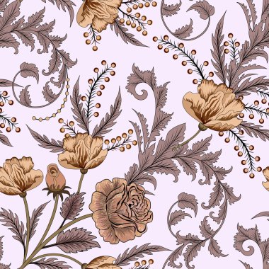 Gül ile Seamless Modeli dekore edilmiş ve yaprakları