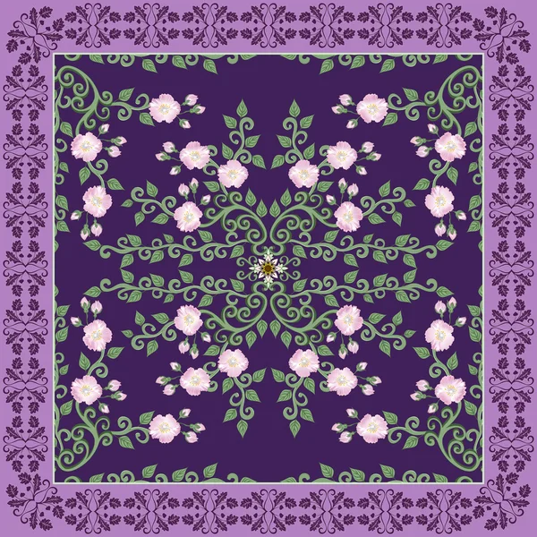 与暗紫色背景上的花卉图案的印花大手帕 — 图库矢量图片