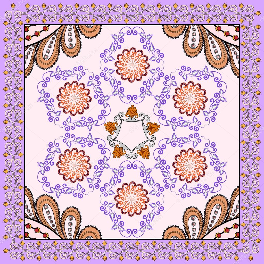 Bandanna  with lilac  orange ornament on a light background