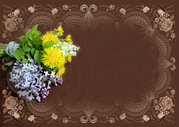 Vintage brown frame with dandelions, branch of lilac and lily of — Stock Photo, Image