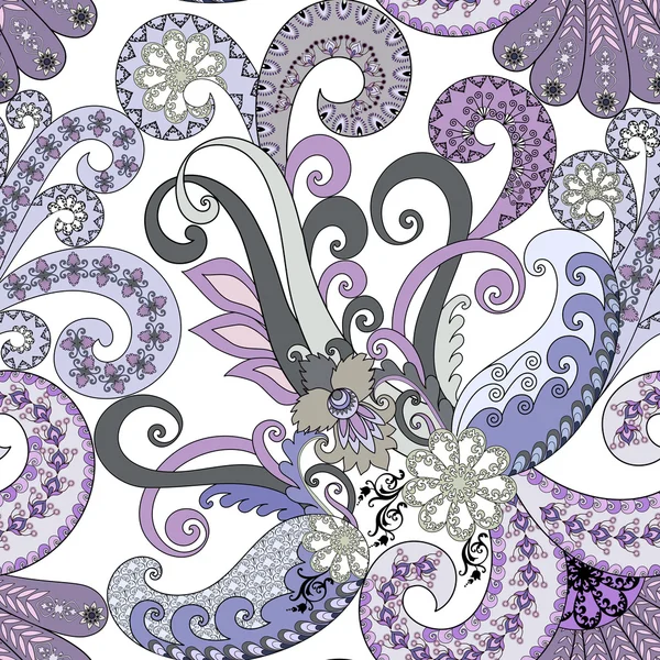 Seamless paisley pattern with decorative swirls in lilac and blu — Stock Vector