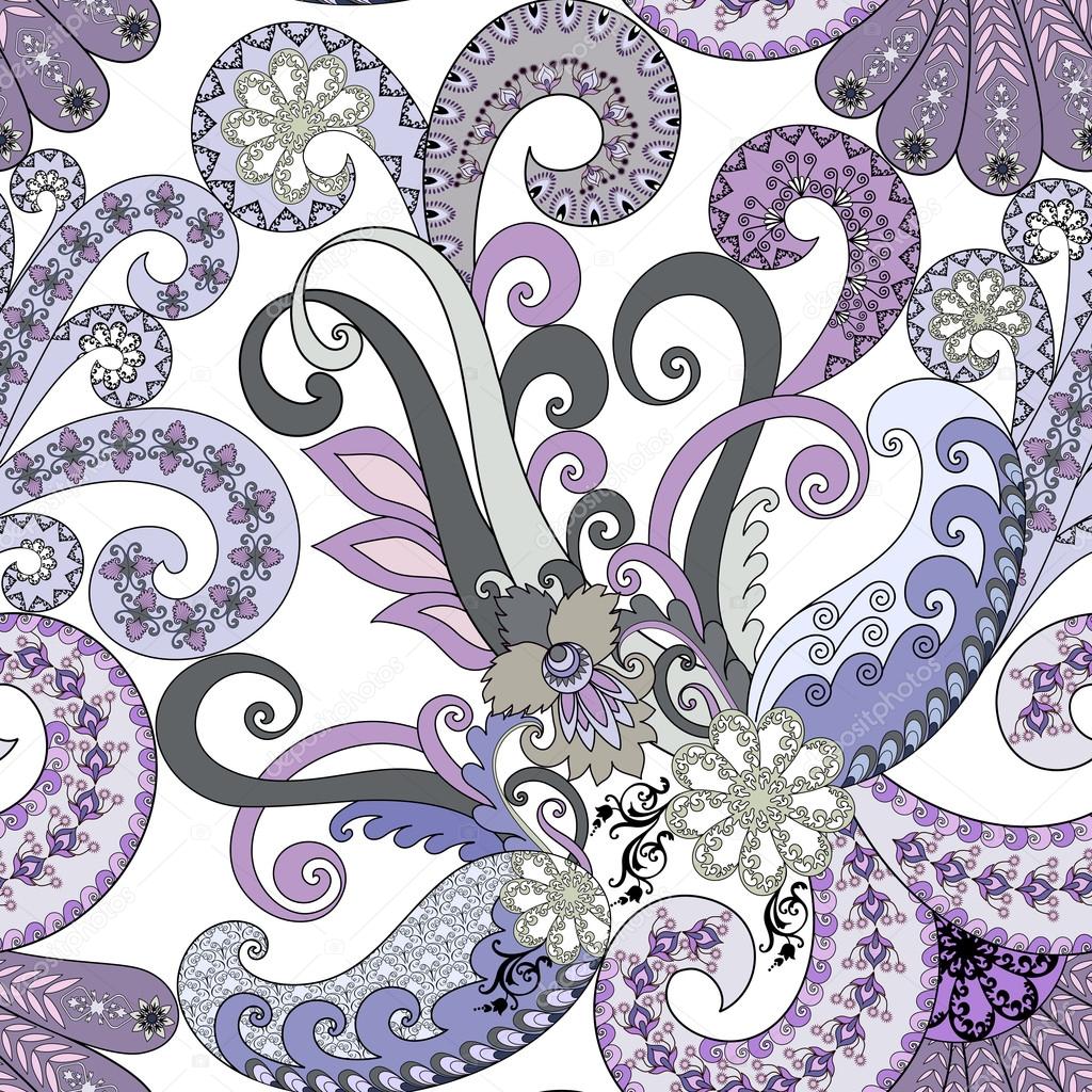 seamless paisley pattern with decorative swirls in lilac and blu