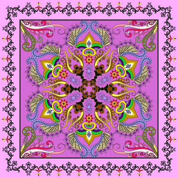 Bright pink bandanna with Oriental ornament with a border of ara — Stock Vector