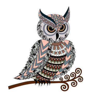 gri pembe tonlarında renkli süslemeli kulaklı baykuş