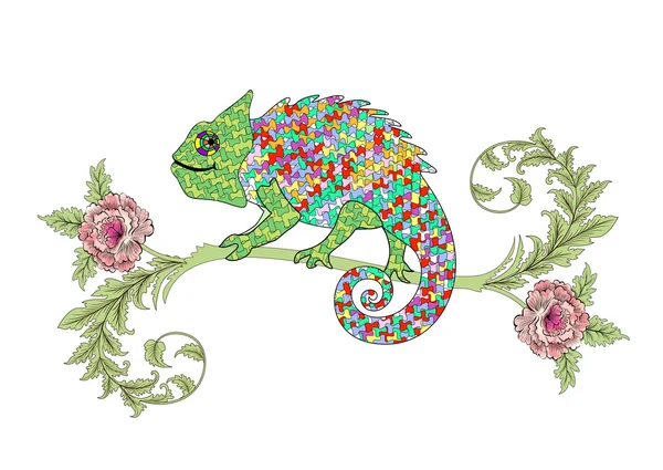 Colorful Chameleon  on a branch with decorative roses — Stock Vector