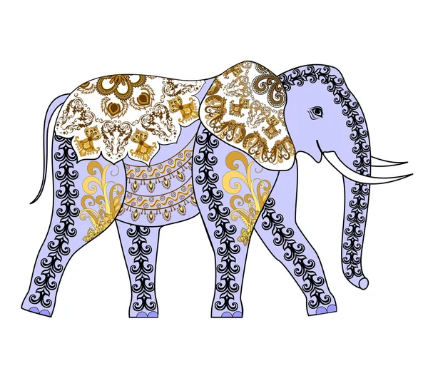 Lilac elephant with  pattern in yellow and brown colors — Stock Vector