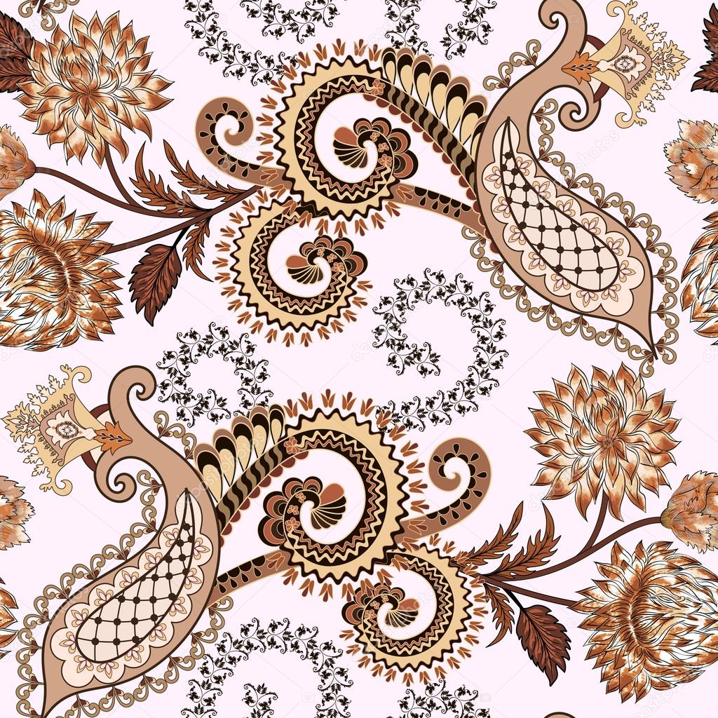 seamless paisley pattern with  dahlias   and decorative swirls  
