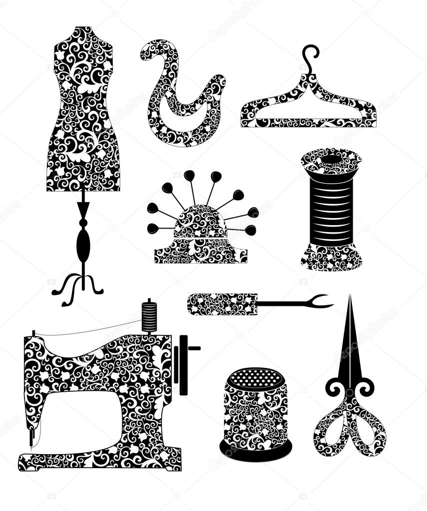 tool set in monochrome for sewing production  in vintage style