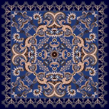 bandana paisley üzerinde mavi bir arka plan ile dekore edilmiş bir bej süslemeli