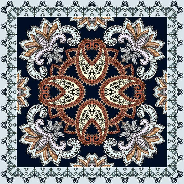 Bandana con gran paisley turquesa y tinte marrón en un oscuro — Vector de stock