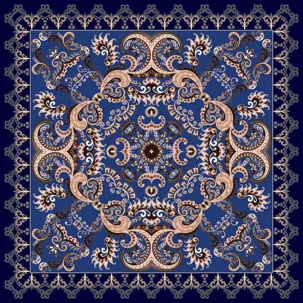 Банданна с бежевыми орнаментами, украшенная пейсли на синем фоне — стоковый вектор