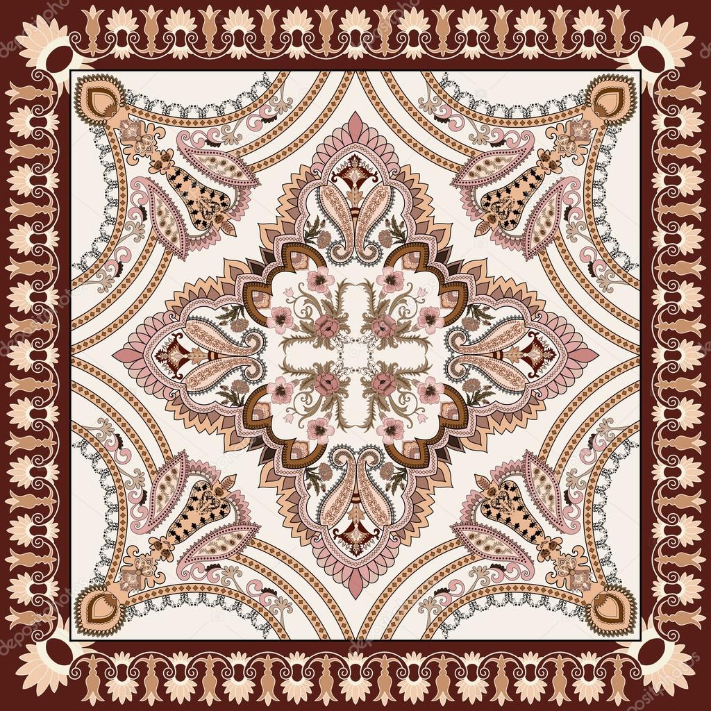bandanna  with paisley and decorative stripes - in beige and bro