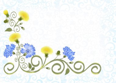 Ajur soluk mavi süsleme ve sarı dandelions, Peygamber ile arka plan