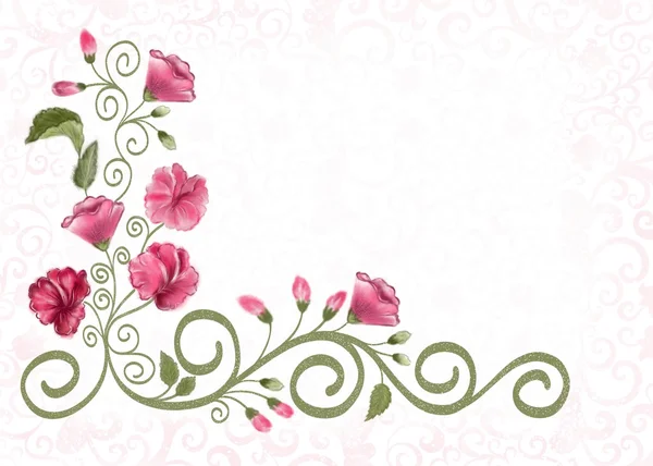 Background  with beige  openwork ornament and flowers of pink Sweet pea — Stock Photo, Image