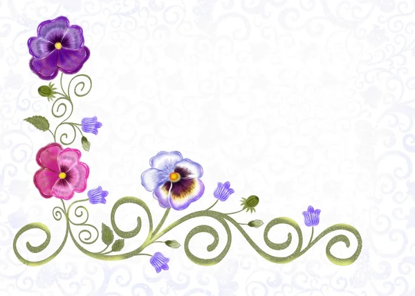 Background with openwork ornament and flowers of violets and bluebell — Stock Photo, Image