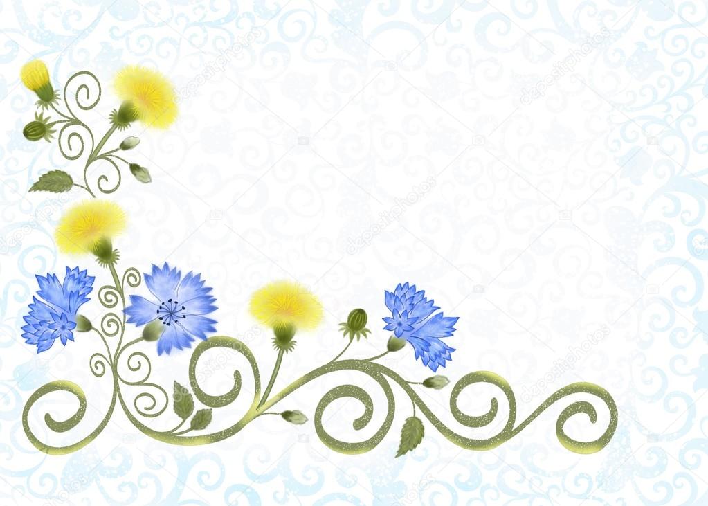 background  with openwork  pale blue ornament  and yellow  dandelions, cornflowers