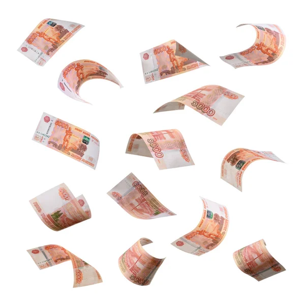 Beyaz arka planda uçuşan 5000 ruble. Rus banknotları farklı açılarda.